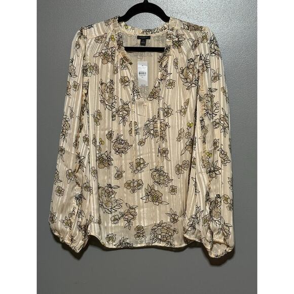 NWOT Ann Taylor Factory Blouse XL‎ Floral Beige Gold Ruffle Polyester Beautiful - Picture 1 of 9
